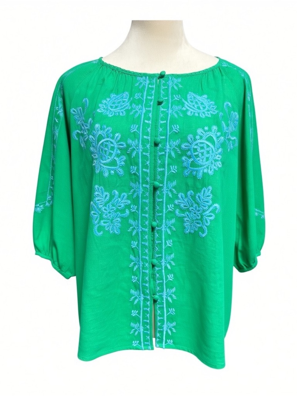 J. Jill Emerald Green Blouse with Light Blue Embroidery  54% Linen